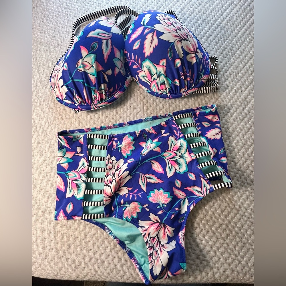 Shade & Shore Blue Floral High Waist Bikini Set S Strappy Underwire